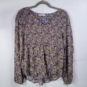 Sonoma Women Purple Yellow White  Floral Long Sleeve Smocked Blouse Size M